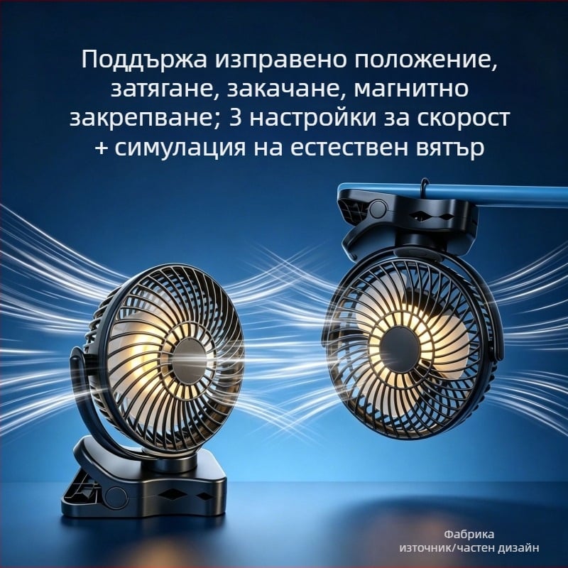 USB клип-вентилатор за бюро с магнитна нощна светлина, компактна 4-в-1: стойка, закачалка, клип и магнит