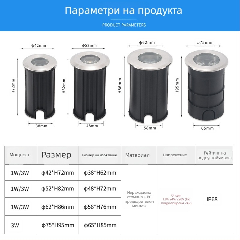 LED подземна подводна светлина от неръждаема стомана, 1W/3W, за паркове и площади, водоустойчива външна светлина