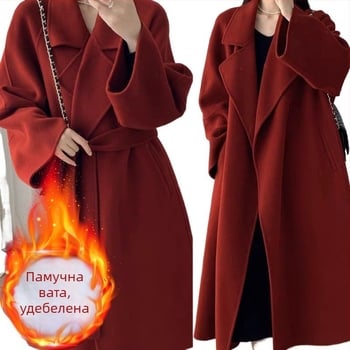 Червено дамско палто от вълна за зима, средна дължина, подплатено и дебело