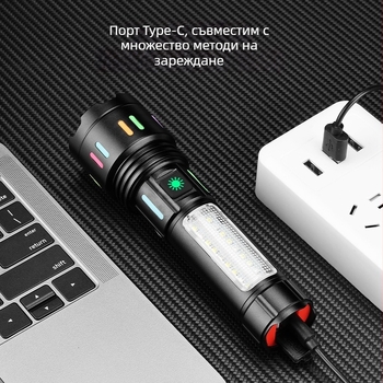 LED фенер от алуминиев сплав с мощен лазер, дълготрайна издръжливост, презареждаем за открити условия, мултифункционално COB аварийно работно осветление