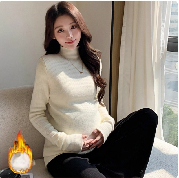 Nėštumo megztinis su aukštu kaklu, fleece vidinis šiltinimas, siauras kirpimo siluetas rudens–žiemos sezonai