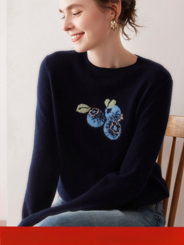 Ženski kašmir pulover s Blueberry jacquard uzorkom, 100% kašmira, okrugli izrez, dugi rukavi, topao