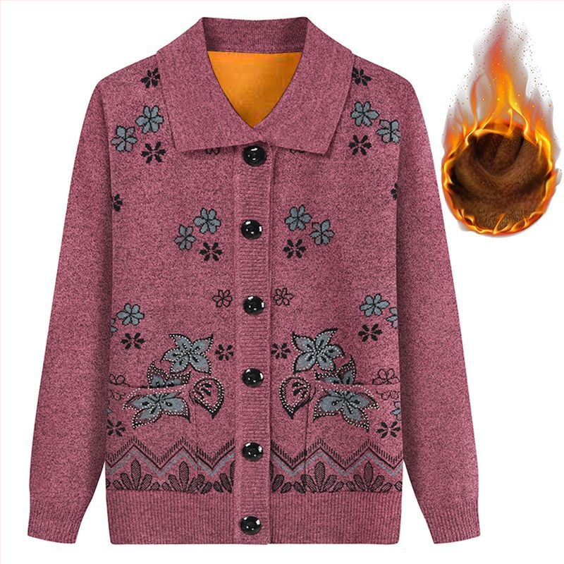 Moteriškas velveto megztinis kardiganas, laisvas siluetas, kvadratinė apykaklė, ¾ rankovės, džakardo raštas su deimantais ir sagomis