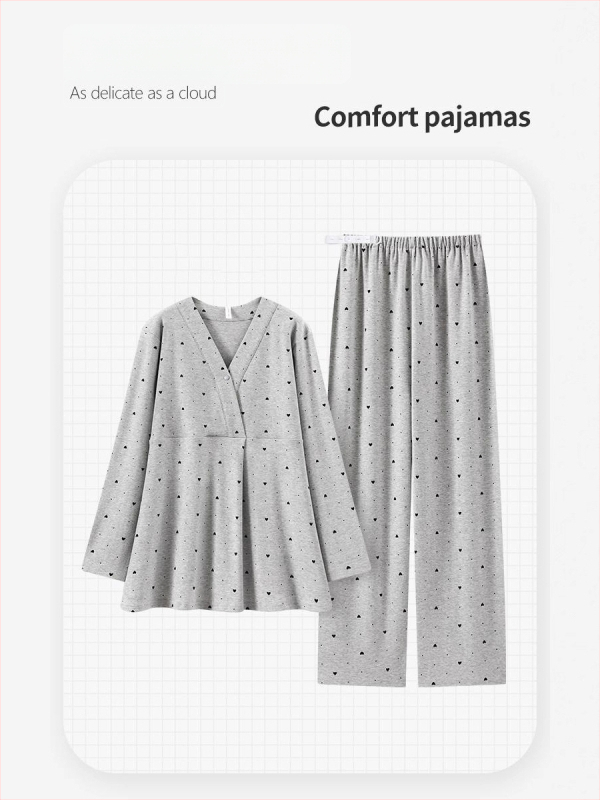 Nėštukės pižama maitinti krūtis su krūties pagalvėlėmis — dviejų dalių komplektas, ilgomis rankovėmis, V formos kaklo iškirptė, geometrinis raštas, medvilnės-poliesterio su spandeksu