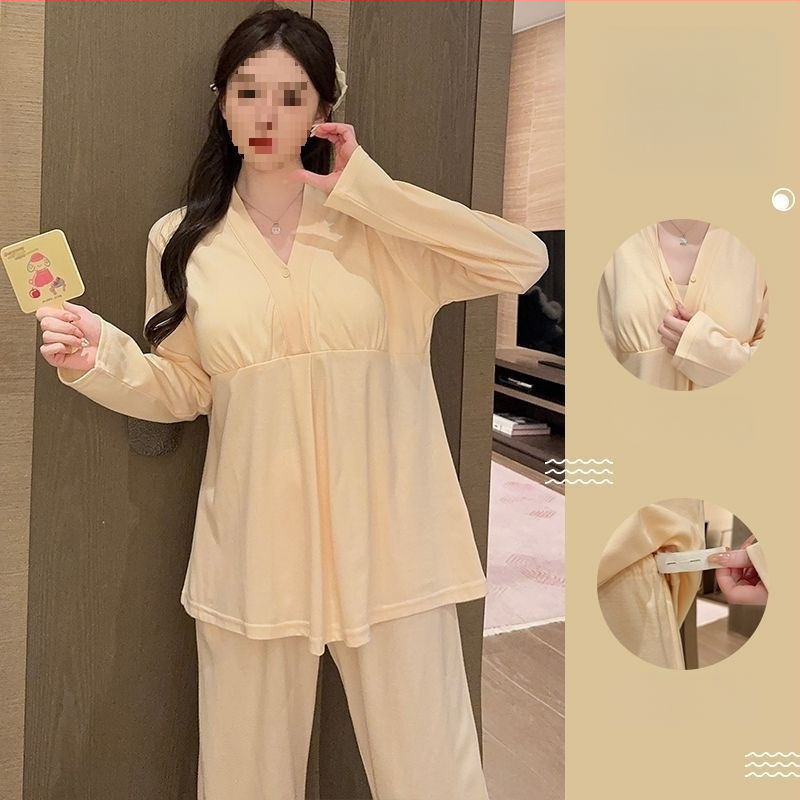 Naktiniai drabužiai nėštumui ir maitinti kūdikį – motinystės pižama su krūtinės pagalvėlėmis, ilgomis rankovėmis, polo apykakle, žieminis TR audinys