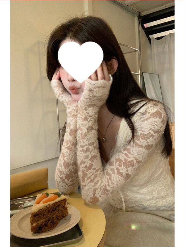 Naiste pitsiline V-kaelusega pikkade varrukatega T-särk tikandiga, viskoosi segu spandexi/nyloni seguga