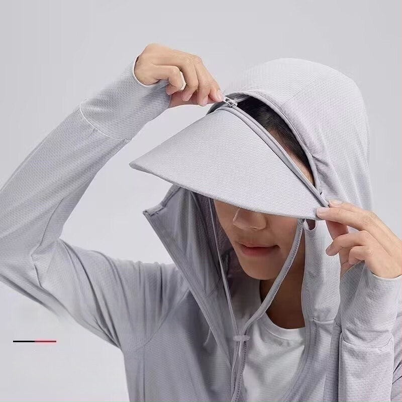 Unisex kapuutsiga suvine UV-kaitse jakk, õhuke Ice Silk hingav kangas, 80% polüester ja keemiliste kiudude segu, Korea stiil, eeslukustus, tridimensiooniline tasku