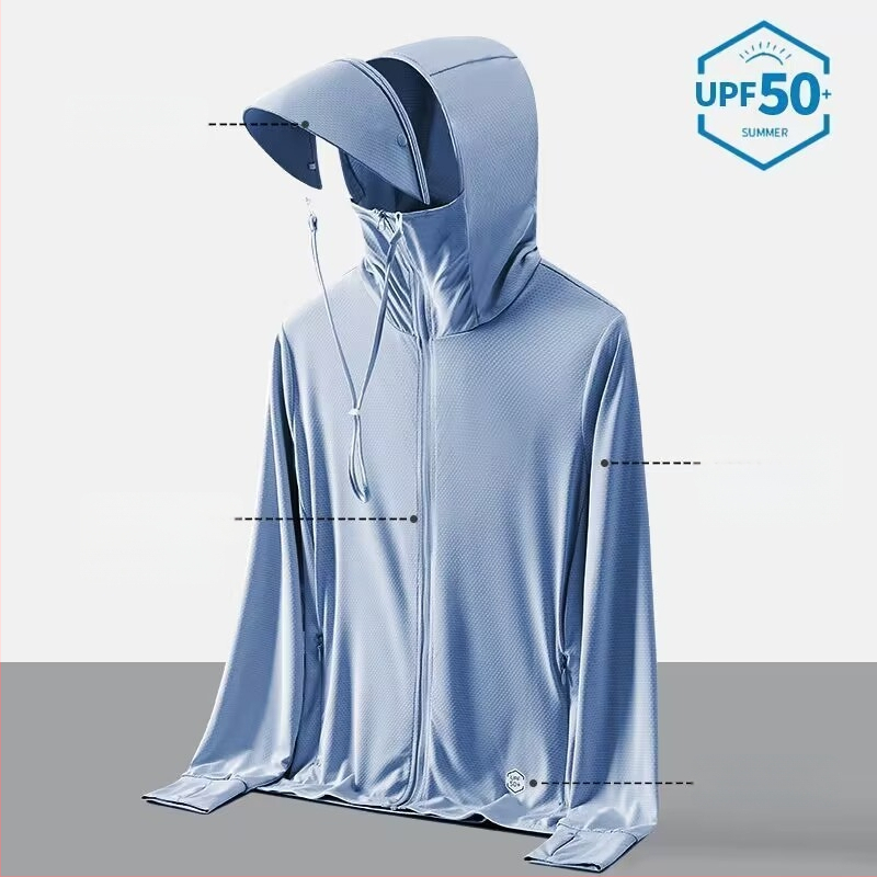 Unisex kapuutsiga suvine UV-kaitse jakk, õhuke Ice Silk hingav kangas, 80% polüester ja keemiliste kiudude segu, Korea stiil, eeslukustus, tridimensiooniline tasku