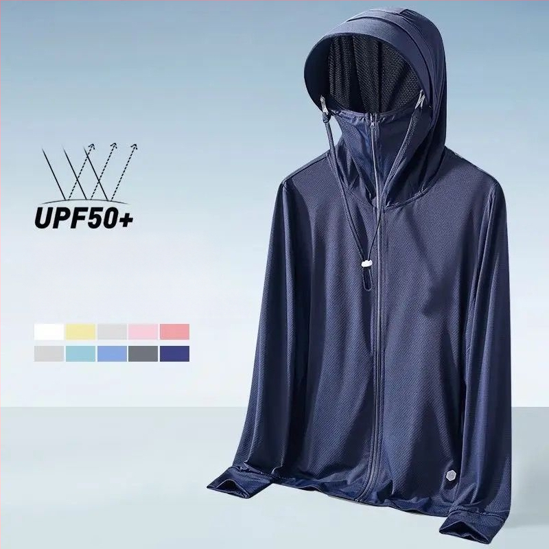 Unisex kapuutsiga suvine UV-kaitse jakk, õhuke Ice Silk hingav kangas, 80% polüester ja keemiliste kiudude segu, Korea stiil, eeslukustus, tridimensiooniline tasku