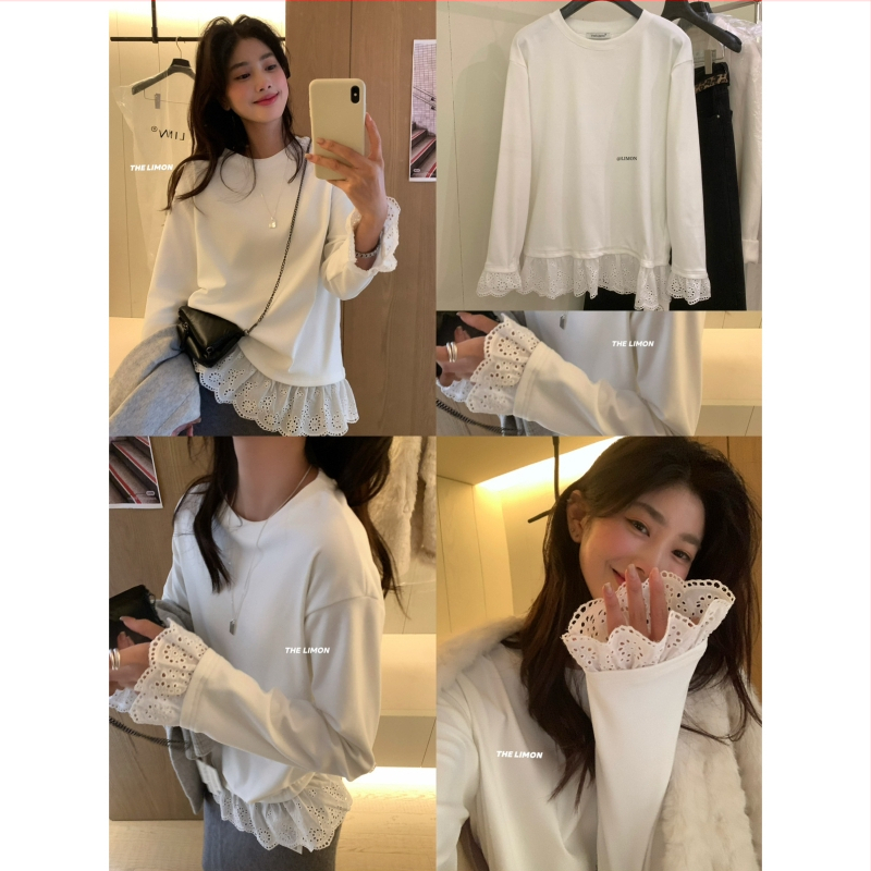 Puuvillane T-särk ümmarguse kaelusega, pikkade varrukatega, pitspaneeliga, ühetooniline muster