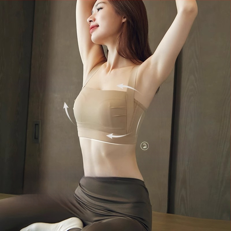 Õmblusteta spordirinnahoidja, ilma traadita, täis kauss, õhukesed vormitud kausid, toru-topp stiil, fikseeritud õlapaelad, tagant nelja rea konkslukuga