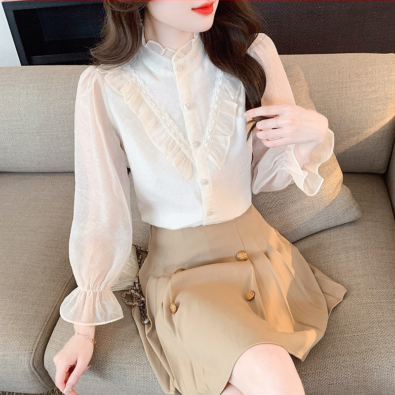 Printsess pluus stand-up kaelaga ja kellukujuliste varrukatega, 95% polüester, ühetooniline