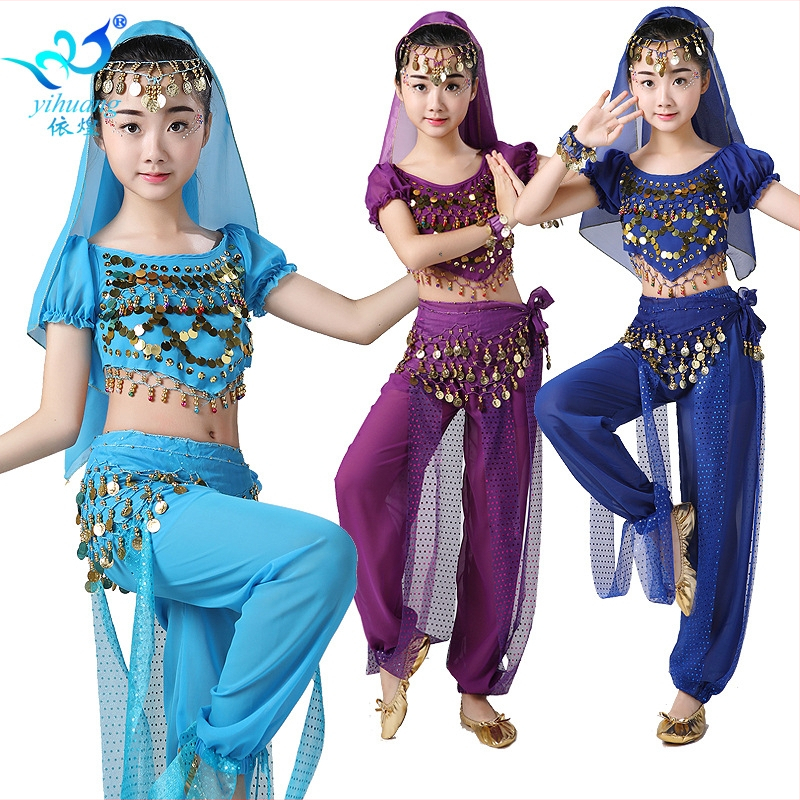 Laste lavakostüüm Belly Dance jaoks — šifoonist komplekt lühikeste käistega, 100% polüester; sobib Belly Dance, festivalide esinemisteks, India ja Xinjiangi tantsude jaoks; kuni 17-aastased; suvi 2024.