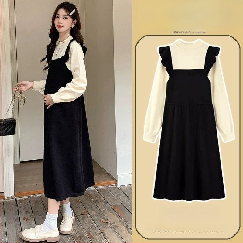 Rasedate kleidide komplekt ümmarguse kaelusega, petalvarrukatega, keskmise pikkusega ebakorraparne seelik, sügisel polüester 90–95%