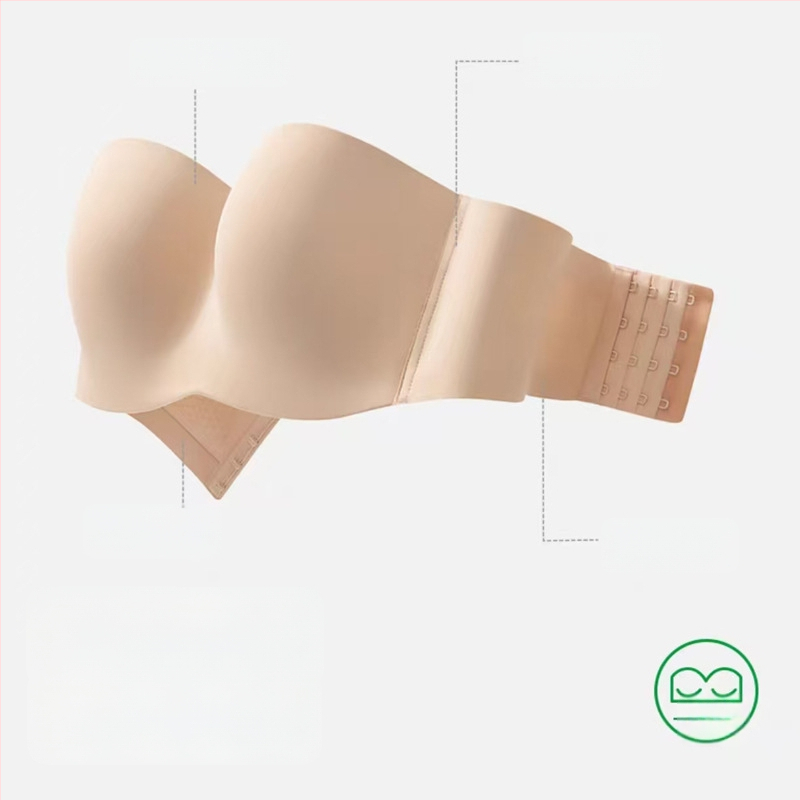 Ilma õla rihmadeta rinnahoidja suurtele rindadele, libisemisvastane hoidmine, õhukesed vormitud kausid, nailonist kangas, eemaldatavad kahekordsed õla rihmad, tagant nelja rea lukustus