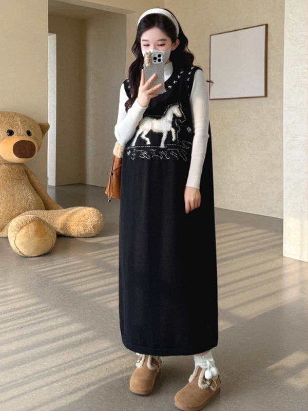 Korealise stiiliga rasedate komplekt: jacquard-kootud kleit ja vestiga, pikkade varrukatega ja aluskiht, sügis 2025