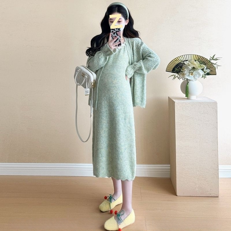 Rasedate kaheosaline komplekt: kudumõrd kleit kevad-sügis, seene kujuline kaelus, pikad varrukad, Chenille kangas, peamise kanga sisaldus 30–50%, printsessi varrukad, seeliku pikkus, kirjanduslik retro stiil, kevad 2025