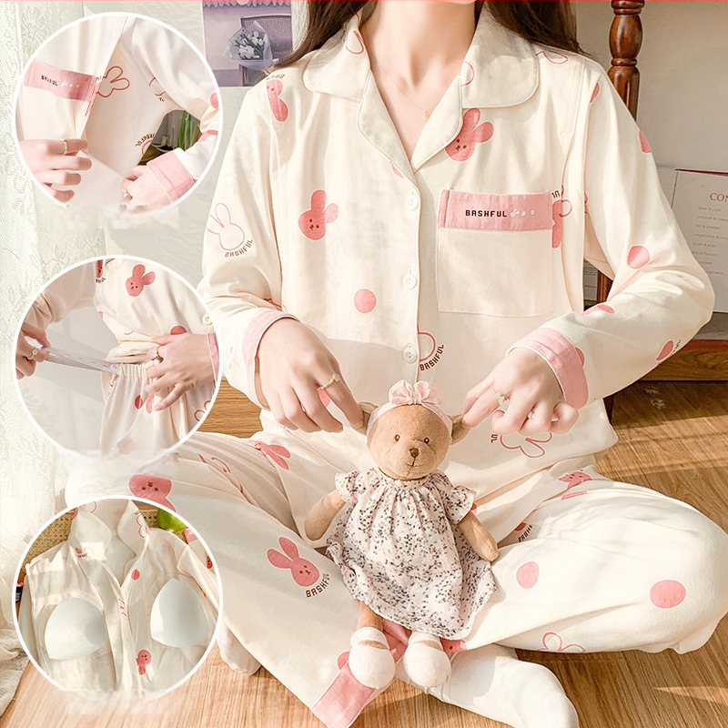 Imetamise-pijama komplekt ees avatud, pikkade varrukatega, kahekülgne kammitud puuvill, jänese muster, pükskostüüm, kevad 2023