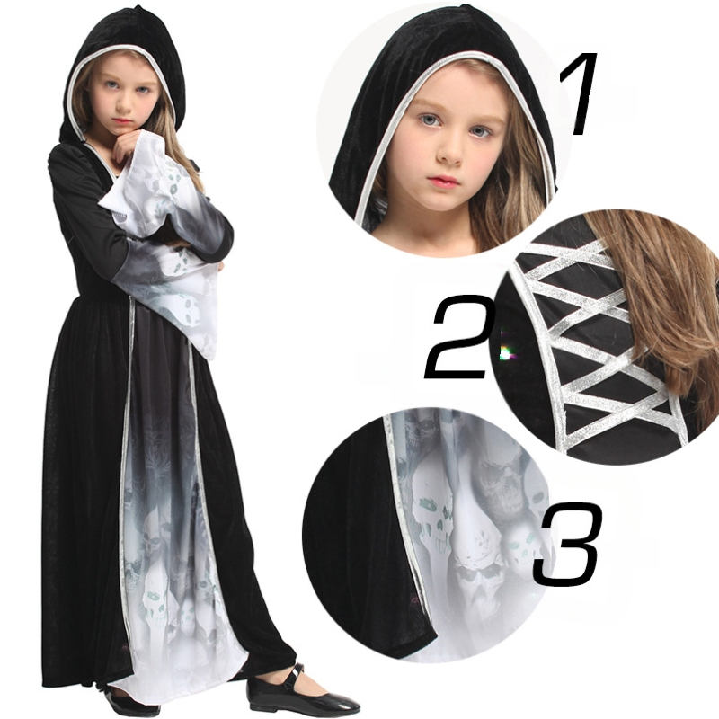 Halloween cosplay kostüüm tüdrukutele: printsesskostüüm skeleti-haldja kujundusega, mudel G-0301, polüester + spandex, mängude/rolimängude jaoks, sobib kuni 17-aastastele