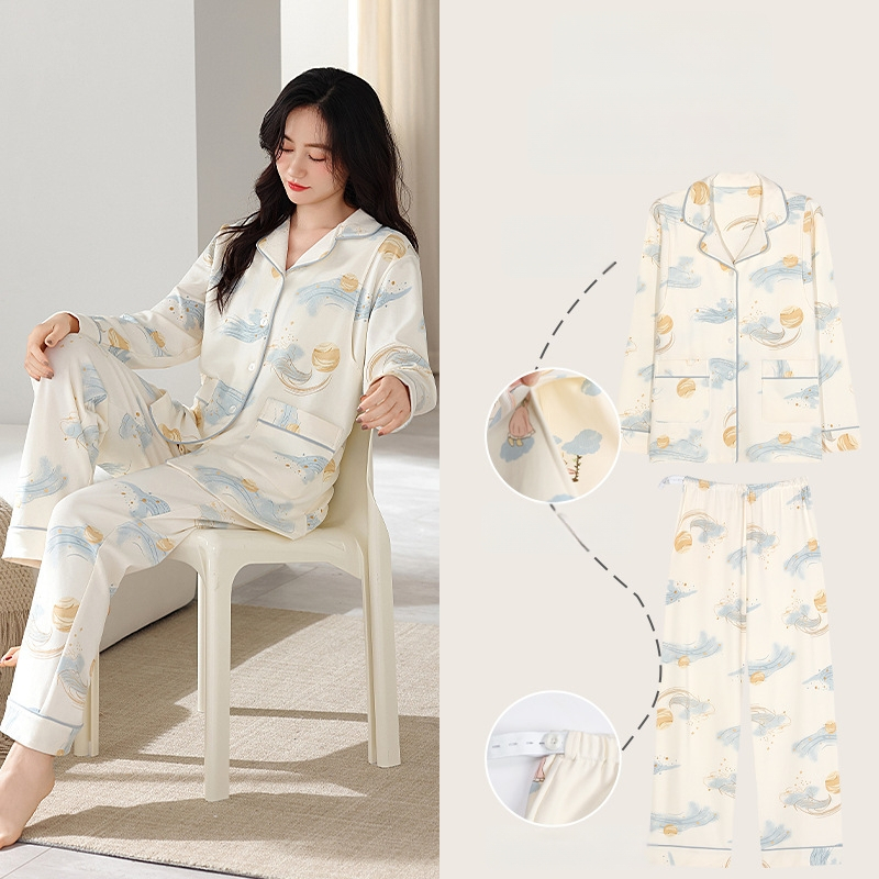 Pärast sünnitust imetavad pidžaamad varjatud küljeavaga — 100% puuvill, pikad varrukad, püksid, sügis-talvel kodu riietus