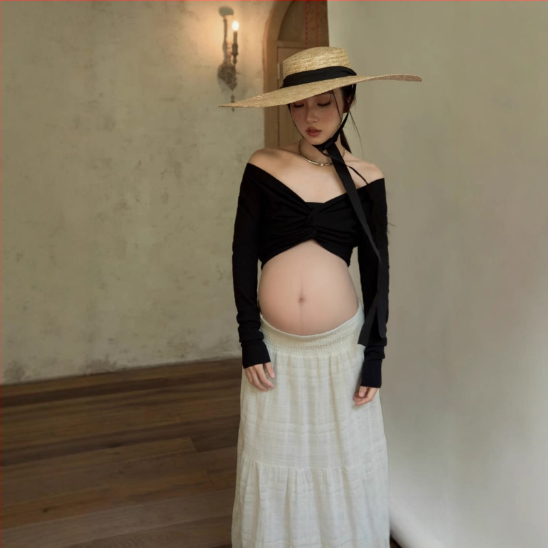 Rasedate fotosessiooni riietekomplekt pikkade käistega, polüester 70–80%, keskmise pikkusega seelik, seelik-kostüüm, kirjanduslik retro stiil, 2025. aasta sügis väljaanne.