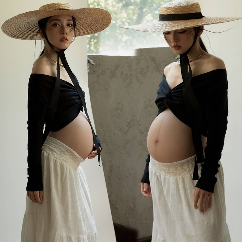 Rasedate fotosessiooni riietekomplekt pikkade käistega, polüester 70–80%, keskmise pikkusega seelik, seelik-kostüüm, kirjanduslik retro stiil, 2025. aasta sügis väljaanne.