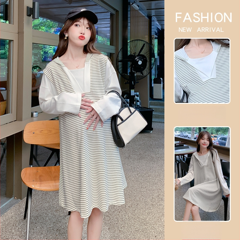 Rasedate sügisene kleit, pikkade varrukatega, ümmarguse kaelusega, triibuline muster, keskmise pikkusega kleit, polüester materjal, kolaaži detailid