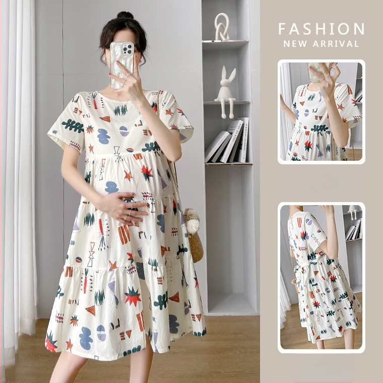 Rasedate suvine kleit 2024, ümmarguse kaelusega, 3/4 varrukatega, polüester, A-line midi kleit