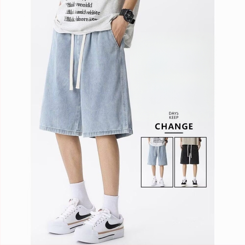 Meeste puuvillased džinsised lühikesed – High Street stiil, sirge lõige, keskmine talje, nupuga sulgemine, põlveni pikkus