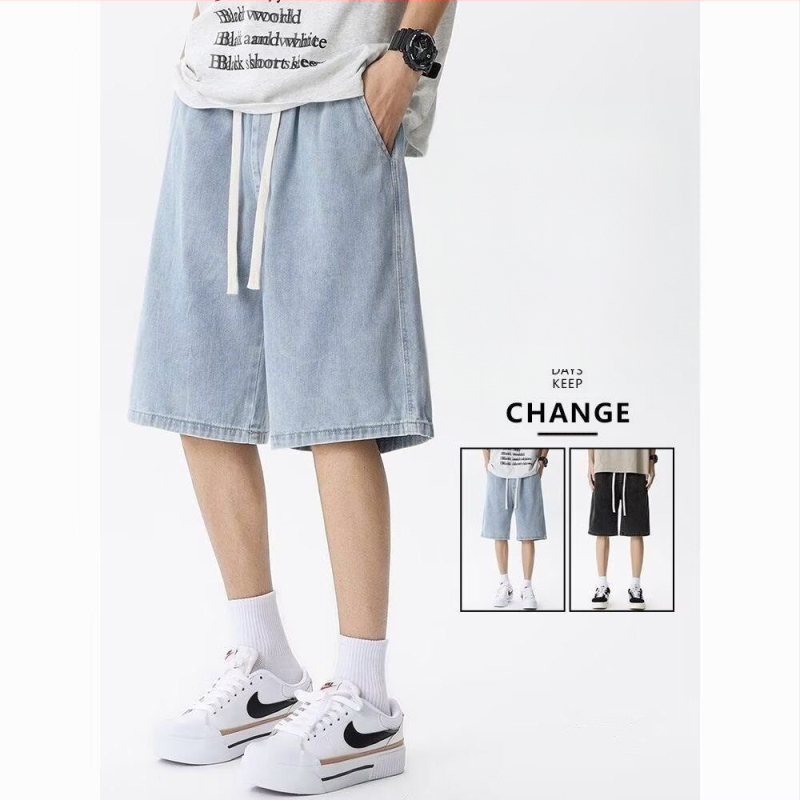 Meeste puuvillased džinsised lühikesed – High Street stiil, sirge lõige, keskmine talje, nupuga sulgemine, põlveni pikkus