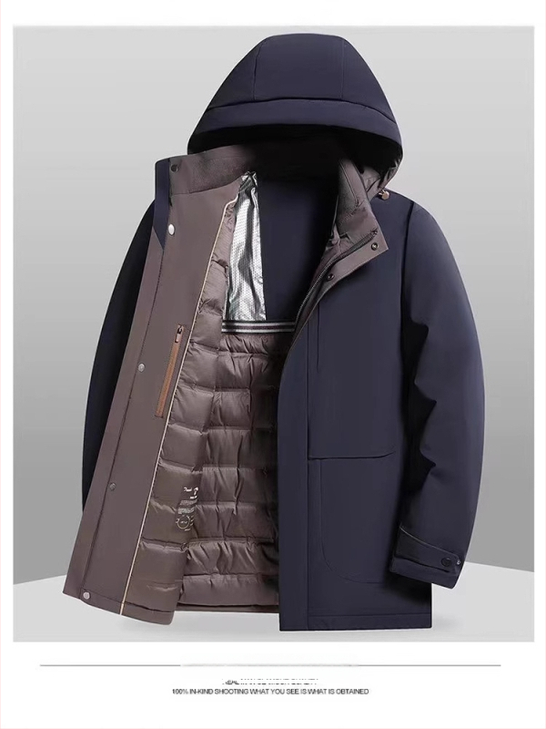 Meeste kapuutsiga sulejope talveks, täidetud valge pardepuugaga, 550 täitejõud, täidis 50–75 g, väliskangas: nylon/spandeks