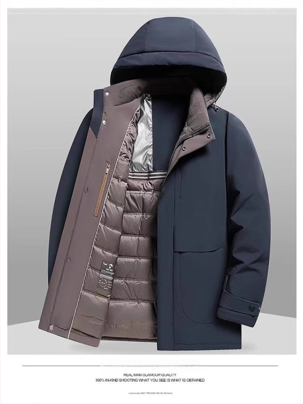 Meeste kapuutsiga sulejope talveks, täidetud valge pardepuugaga, 550 täitejõud, täidis 50–75 g, väliskangas: nylon/spandeks