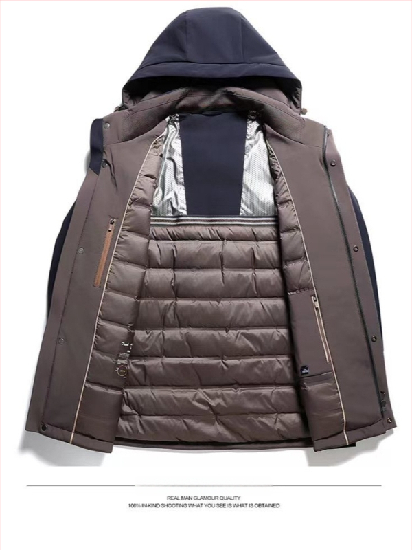 Meeste kapuutsiga sulejope talveks, täidetud valge pardepuugaga, 550 täitejõud, täidis 50–75 g, väliskangas: nylon/spandeks