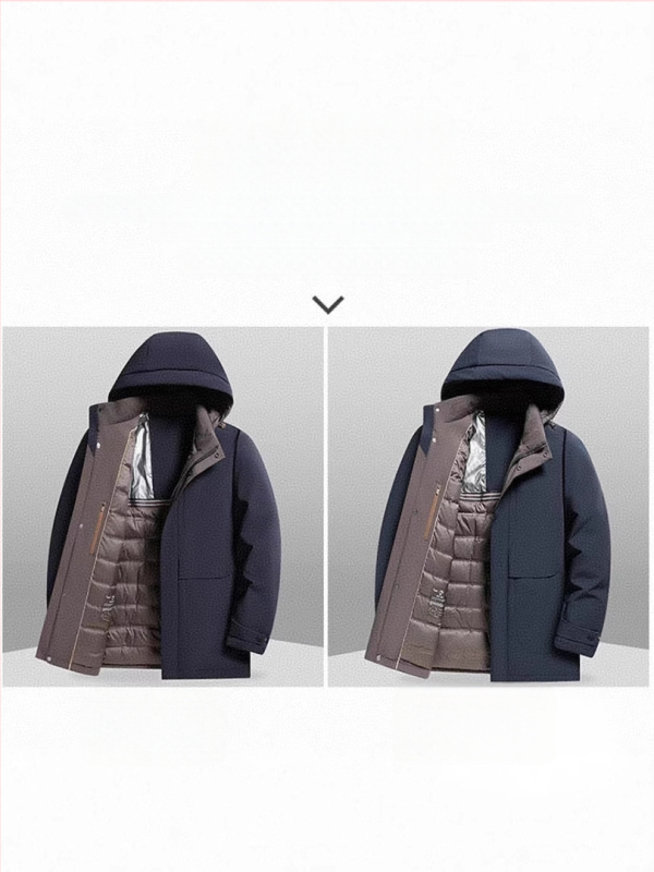 Meeste kapuutsiga sulejope talveks, täidetud valge pardepuugaga, 550 täitejõud, täidis 50–75 g, väliskangas: nylon/spandeks