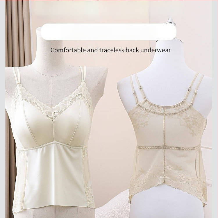 Lace ja jää-satiiniga kamisooli-top, sisseehitatud 3/4 kaussidega, õmblusteta selja kuju, talje pikkus, nooruslik seksikas stiil