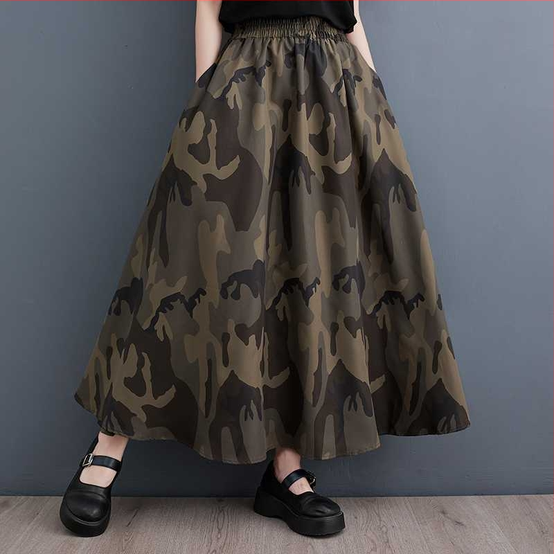 Tutu sijonas su kamufliažiniu atspaudu, laisvo kirpimo sijonas, medvilnės-poliesterio mišinys, spausdinta medžiaga, literatūros ir meno retro stilius, ilgas sijonas