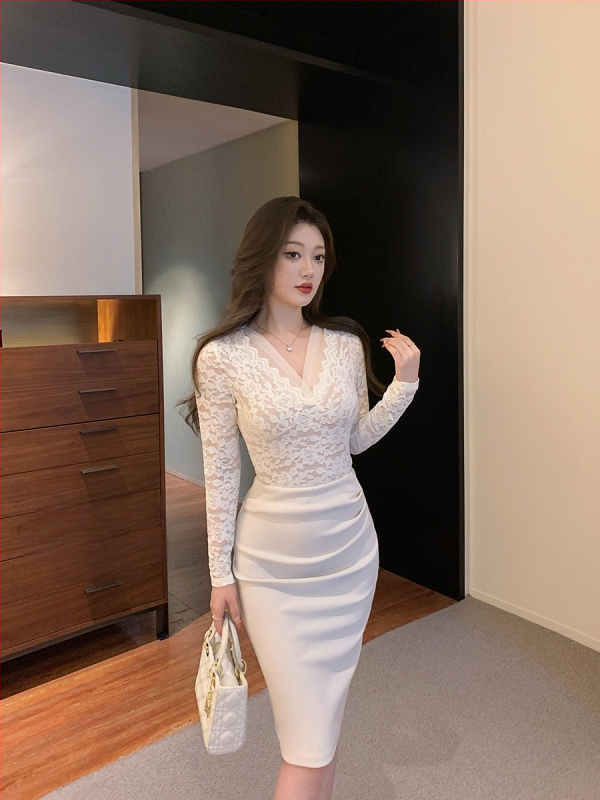 Moteriška nėrinių palaidinė su V-iškirpte, ilgomis rankovėmis, kiaurių nėrinių raštas, A linijos siluetas, nailono/akrilinio mišinio, rudens 2025 leidimas