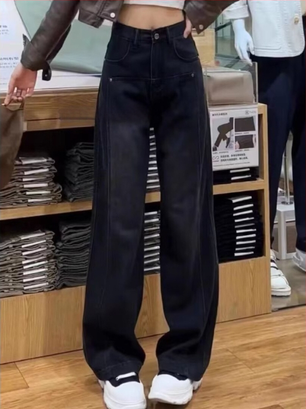 Flisinio pamušalo džinsai su aukštu liemeniu, tiesus kirpimas, denim su mikro-elastinėmis, 2024 ruduo, gatvės gotikos stilius