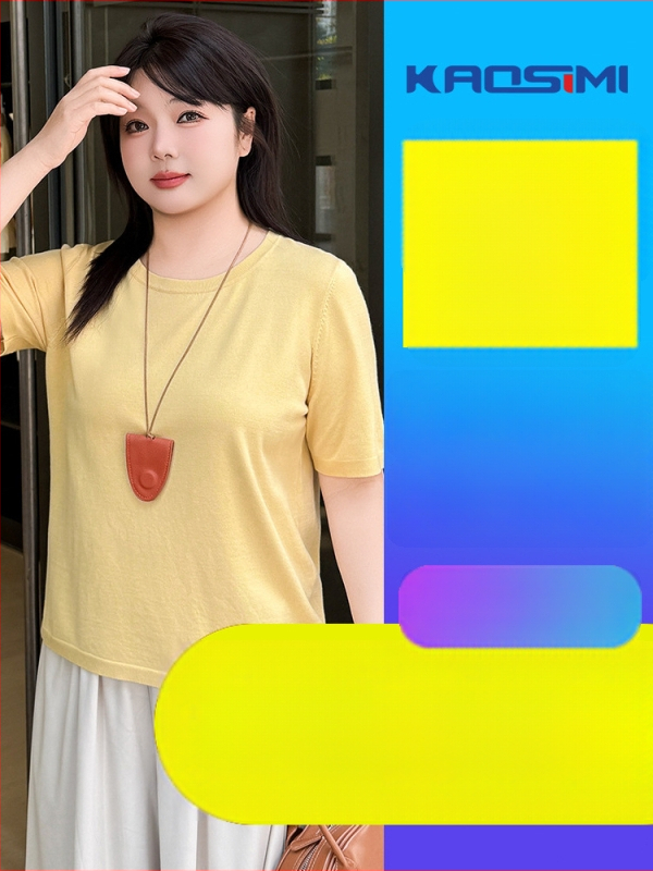 Plus izmēra sieviešu kokvilnas adījuma T-krekls ar īsām piedurknēm, apaļa kakla, izšūts karikatūru raksts, brīvs siluets