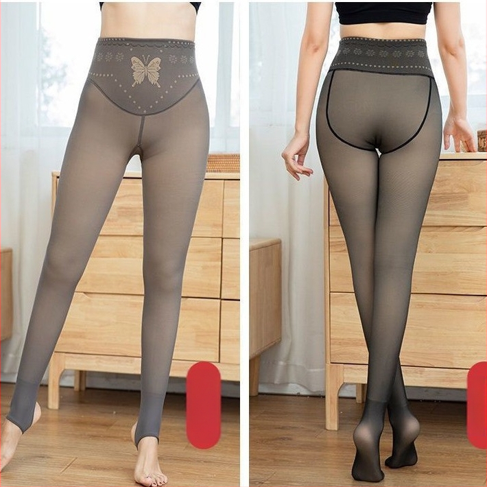 Sieviešu neilona zeķbikses ar 3D tauriņiem, augsta josta vēdera kontrolei, bieza fleece iekšējā oderējums, vienkrāsains raksts, deviņpunktu zeķes, Rompers garums, vecuma grupa 18–40