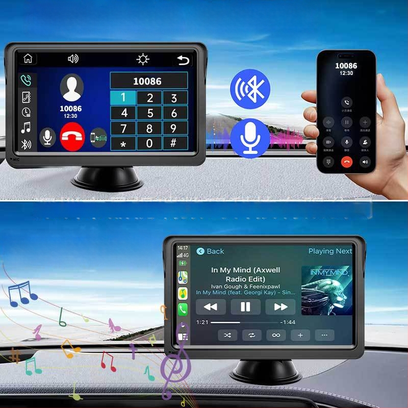 Nešiojamas belaidės CarPlay/Android Auto imtuvas su HD atbulinės eigos kamera, Bluetooth muzikos atkūrimas, LCD ekranas ir microSD kortelės palaikymas