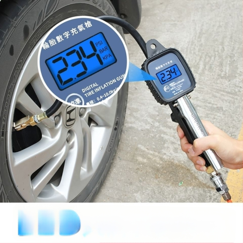 Aukštos tikslumo padangų slėgio matuoklis su pripildymo galvute ir skaitiklio ekranu, oro pistoleto antgalis