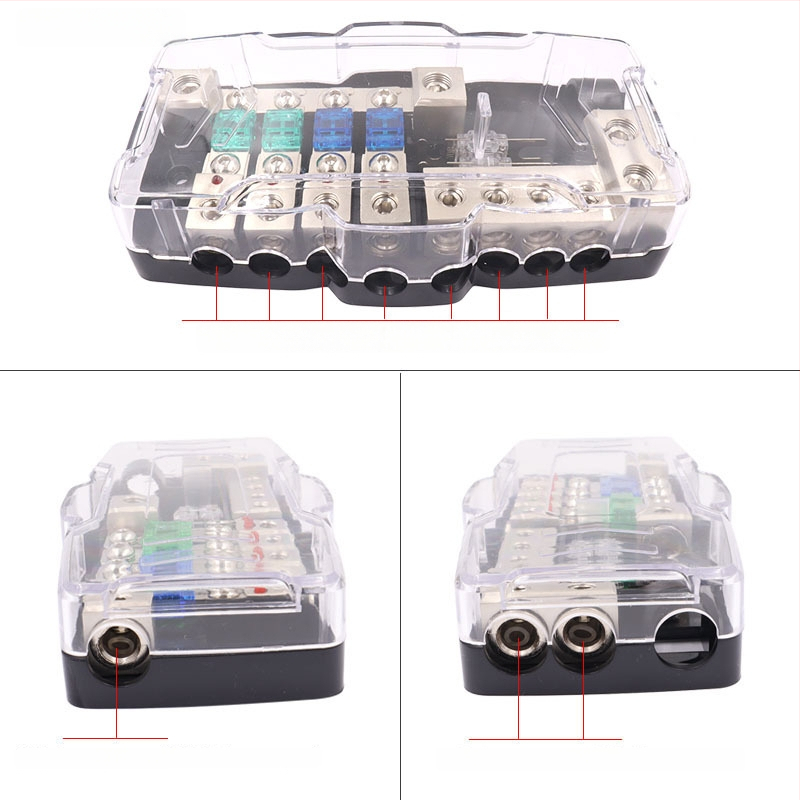 Automobilio garso įrenginių saugiklių dėžutė su LED, dvi įėjimai ir keturi išėjimai, cinko lydinys, 12–48 V, 10 W, modelis Afs