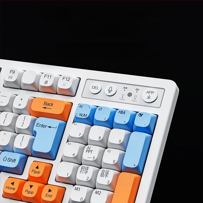 AI gudra tastatūra ar trim režīmiem: USB-C vads, 2.4G bezvadu, Bluetooth – 104 taustiņi, ergonomiska, OEM/ODM pielāgošana