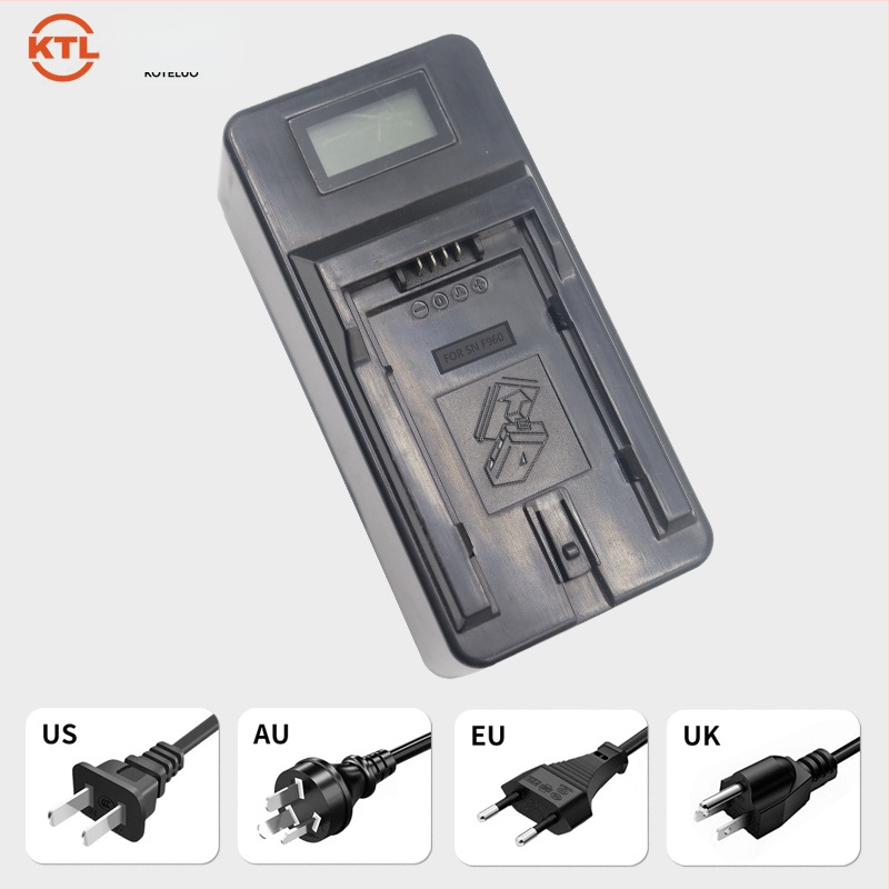 Fotoaparato įkroviklis F960, suderinamas su Canon, Sony, Samsung ir kitomis prekinėmis ženklais; Li-Po baterijų palaikymas; ABS korpusas; su indikatoriumi
