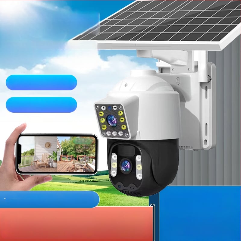 Solarna kamera za vanjski nadzor s niskom potrošnjom, daljinski pristup putem mobilne aplikacije, kamera s dvostrukim objektivom