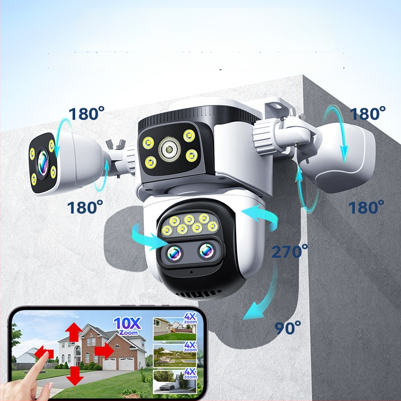 Vanjska PTZ kamera s noćnim vidom, Ultra HD, 4G, bežična 360°, za kućnu upotrebu, 3-kanalni prikaz