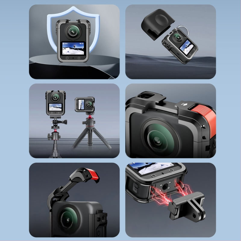 DJI Osmo 360 panoraminės kameros apsauginis rėmas – metalinė konstrukcija su objektyvo dangteliu