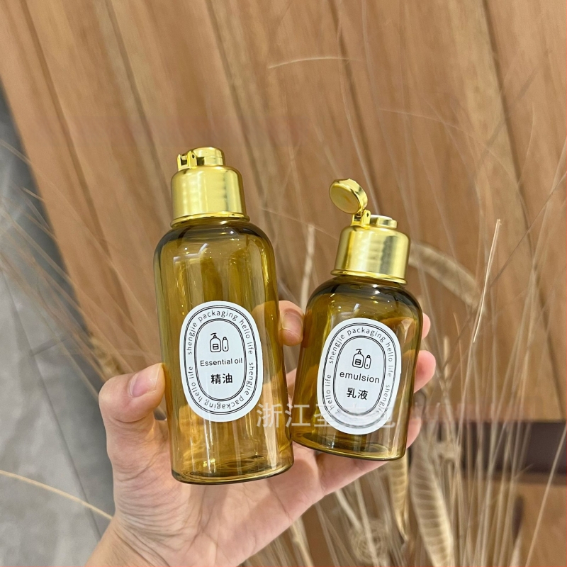 PET butelis su flip dangteliu vonios aliejui ir kosmetinei pakuotei — Blow molding gamyba, paviršiaus apdorojimas etiketėms, dangtelis įtrauktas