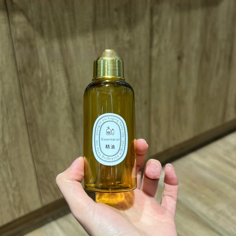 PET butelis su flip dangteliu vonios aliejui ir kosmetinei pakuotei — Blow molding gamyba, paviršiaus apdorojimas etiketėms, dangtelis įtrauktas